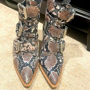 Ankle boots, snake print, worn twice.